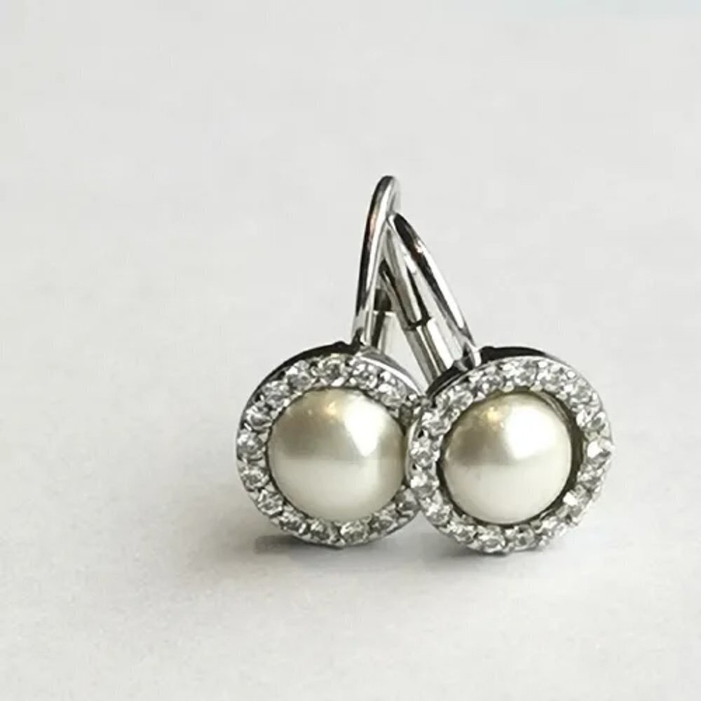 White Mabe Pearl Cz Halo Lever Back Earrings Sterling Silver